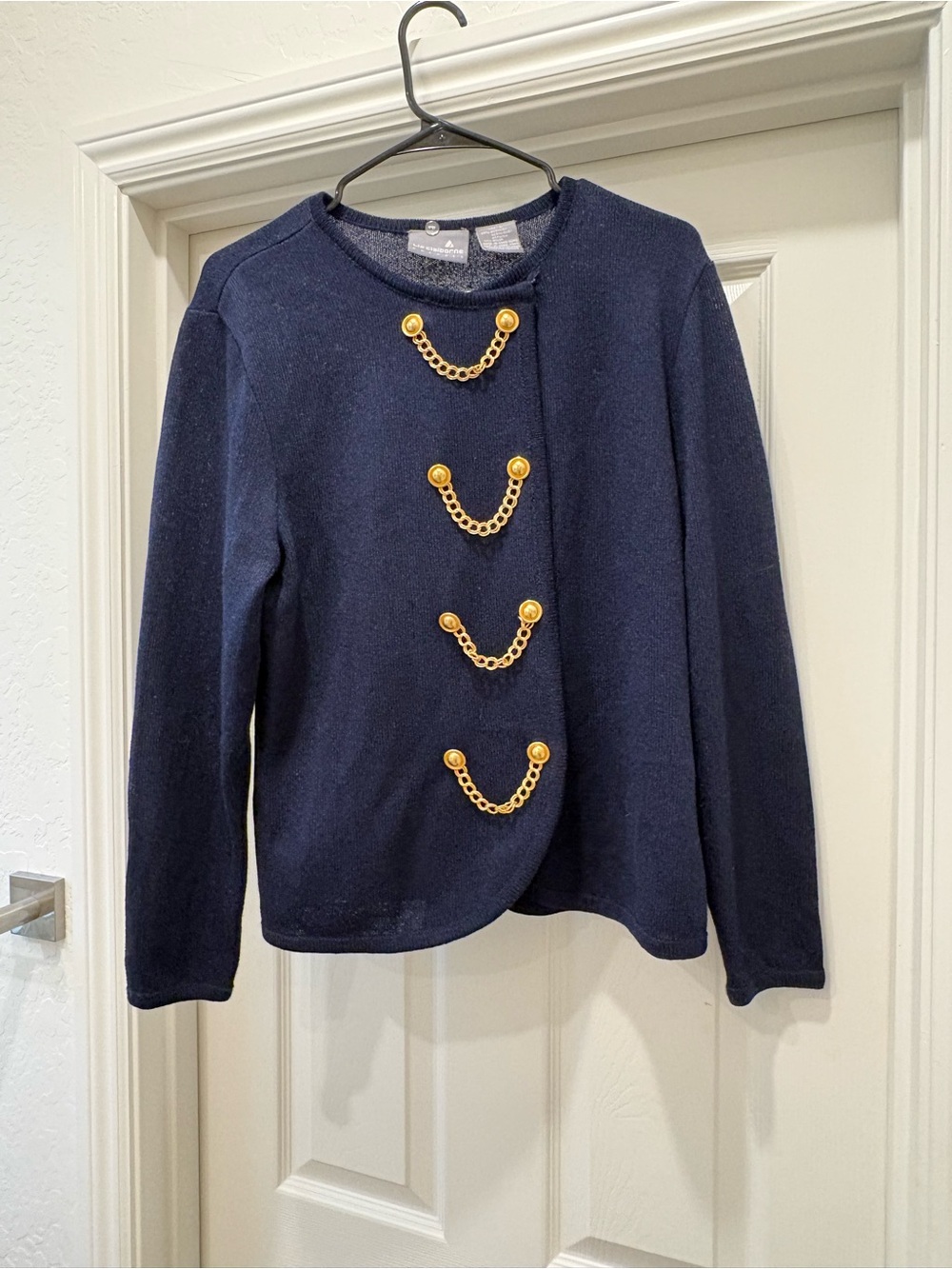 Liz Claiborne Navy Cardigan with Gold Chain Accents